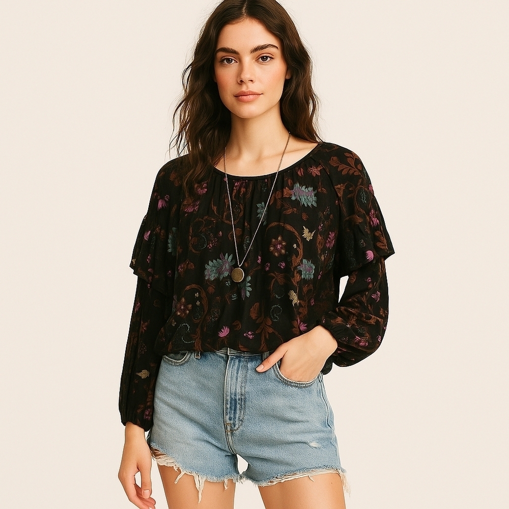 Free People Floral Square Neck Long Sleeve Top – Size M